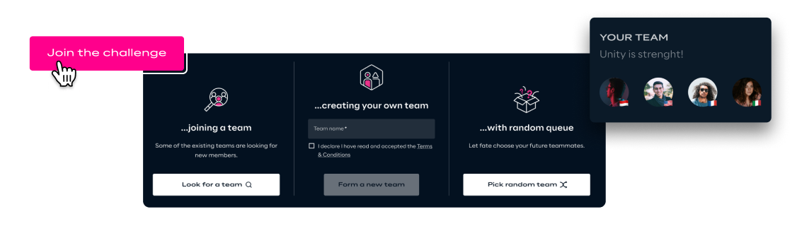 Click the "Join the Challenge" button, choose your team up strategy and join a team from 2 to 4 members