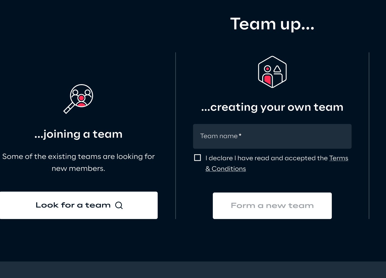 Click the "Join the Challenge" button, choose your team up strategy and join a team from 2 to 4 members